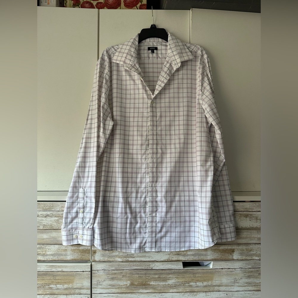 👔 Express Slim Performance XL Tall White Plaid Stretch Dress Shirt